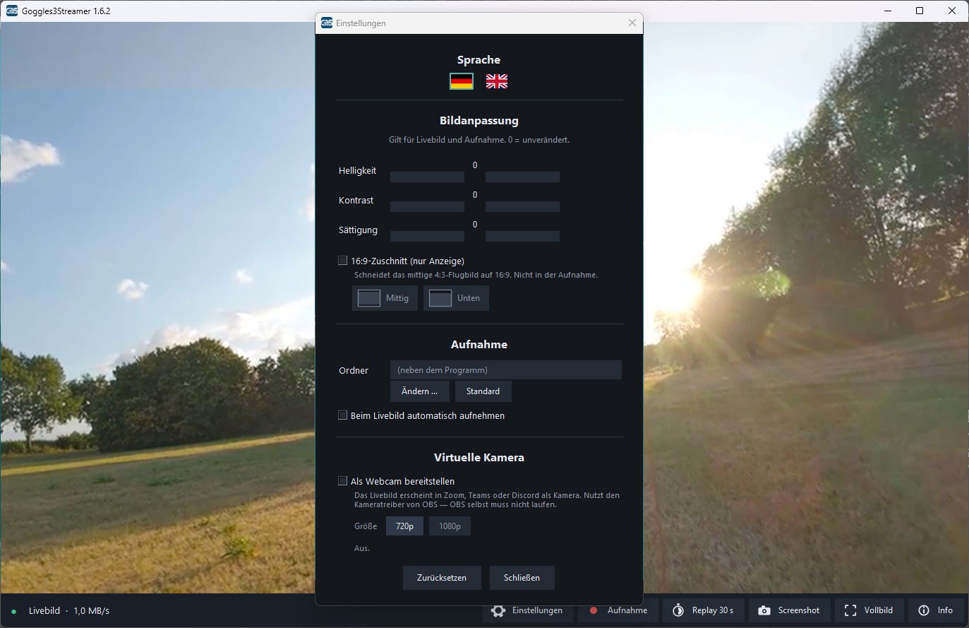 Goggles3Streamer Einstellungen: Bildanpassung, 16:9-Zuschnitt, Aufnahmeordner, virtuelle Kamera, Sprachumschalter